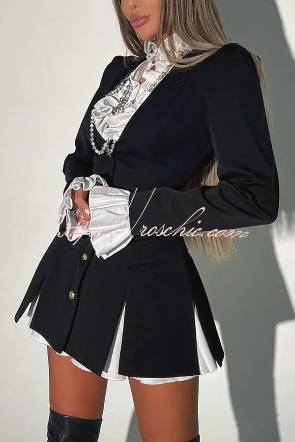 Ruffled Patchwork Blazer Mini Dress – Long Sleeve Shirt Collar