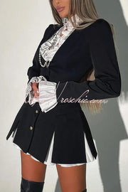 Ruffled Patchwork Blazer Mini Dress – Long Sleeve Shirt Collar