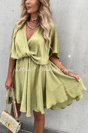 Batwing Sleeve Satin Mini Dress – Loose Fit V-Neck