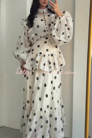 Polka Dot Ruffle Maxi Dress with Stand Collar