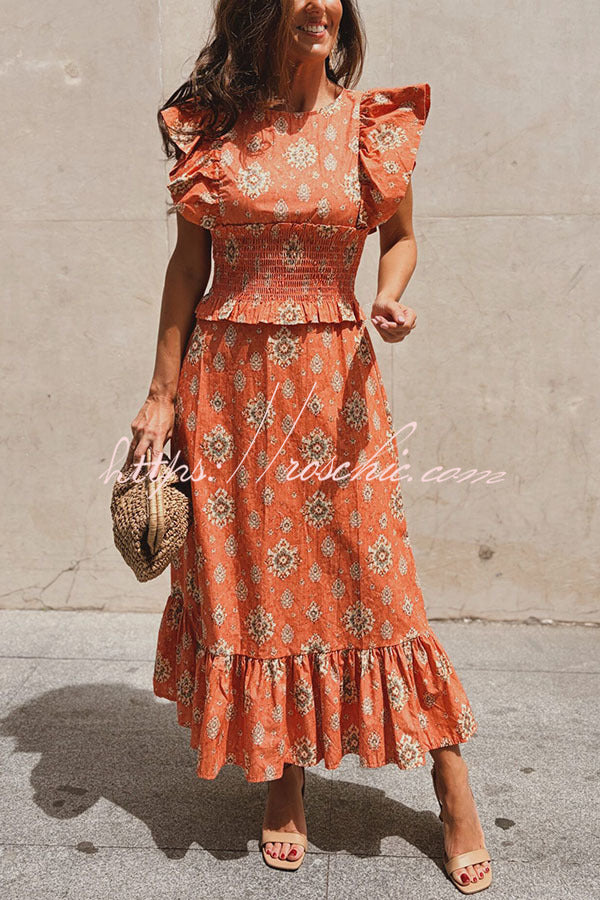 Printed Flutter Sleeve Smocked Top & Maxi Skirt Set