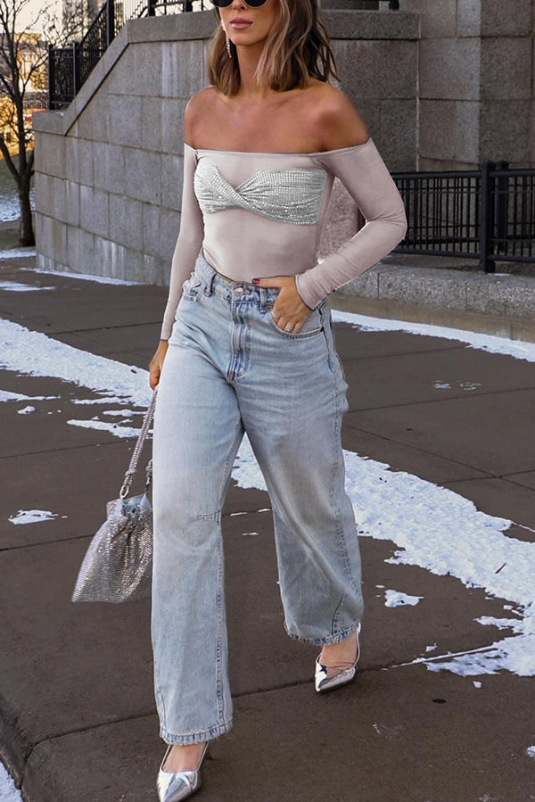 Sequin Mesh Bardot Off-Shoulder Long Sleeve Top