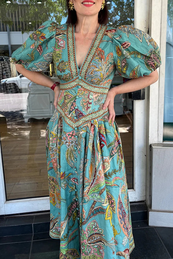 Linen Blend Puff Sleeve Maxi Dress with Pockets