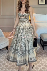 Robe midi smockée en lin mélangé à motif cachemire torsadé dans le dos