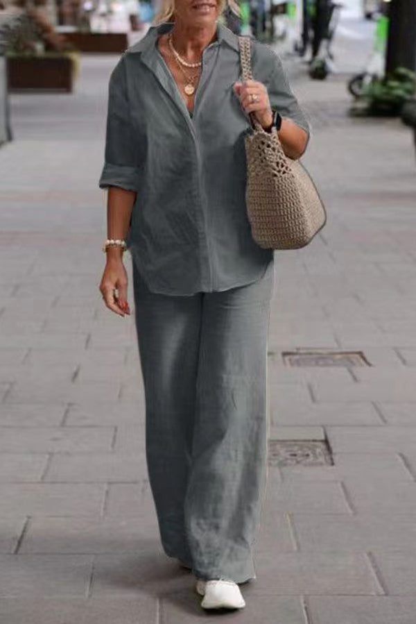 Knit Long Sleeve Shirt & Wide-Leg Pants Set – Casual Loose Fit