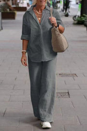 Knit Long Sleeve Shirt & Wide-Leg Pants Set – Casual Loose Fit