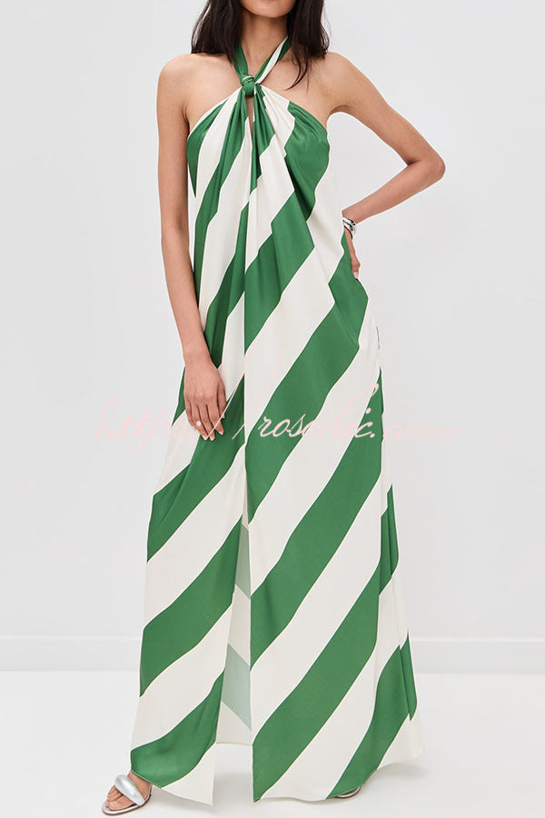 Striped Halter Maxi Dress with Pockets – Backless Loose Fit