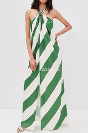 Striped Halter Maxi Dress with Pockets – Backless Loose Fit