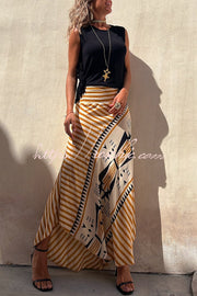 Satin Geometric Print Maxi Skirt with Elastic Waist