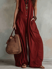 Brick Red Sleeveless Wide-Leg Jumpsuit for Women
