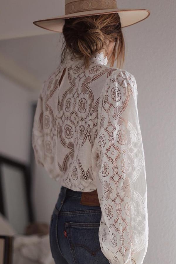 Long Sleeve Lace Top with High Neck | Regular Fit