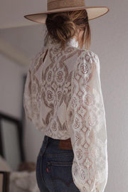 Long Sleeve Lace Top with High Neck | Regular Fit