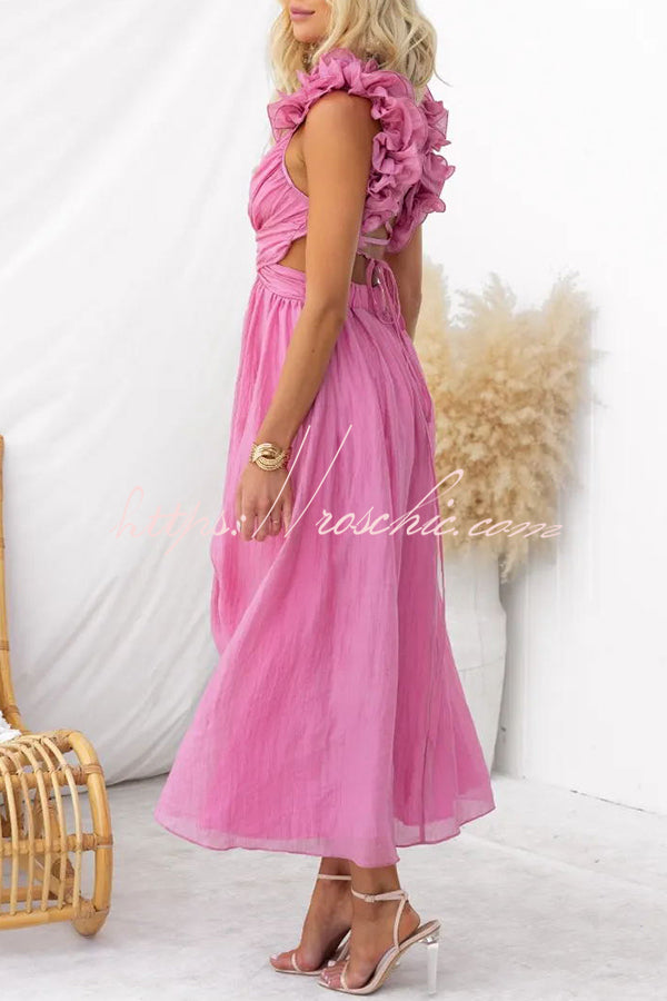 Floral Chiffon Maxi Dress with Ruffle Detail & Lace-Up Back