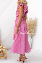 Floral Chiffon Maxi Dress with Ruffle Detail & Lace-Up Back