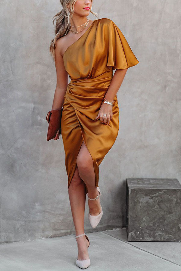 One Shoulder Satin Midi Dress for Parties