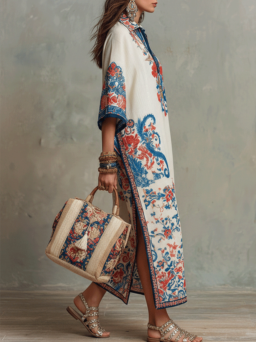 Bohemian Floral Paisley Kaftan Midi Dress in Ivory Blue