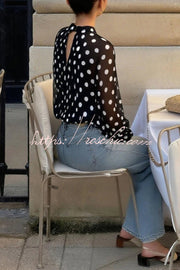 Polka Dot Lantern Sleeve Tie-Waist Loose Shirt