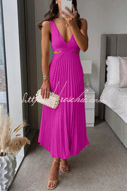Satin Pleated Cutout Waist Sleeveless Midi Dress