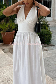 Linen Blend Halter Neck Backless Maxi Dress