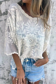 Embroidered Floral Batwing Sleeve Loose Casual Top