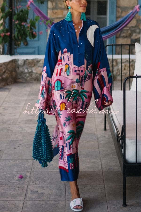 Satin Print Button-Up Kaftan Midi Dress with Long Sleeves