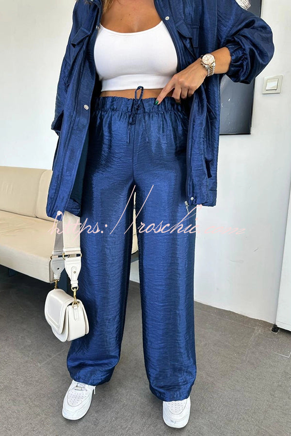 Metallic Wide Leg Pants with Elastic Waist & Pockets