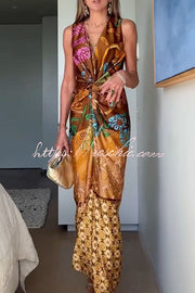 Satin Floral Print Twist Waist Maxi Dress with Front Slit