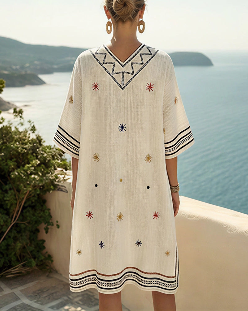 Embroidered V-Neck Printed Beach Dress – Boho Cover-Up