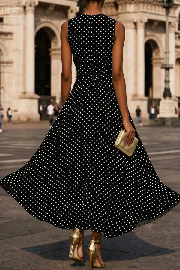 Polka Dot Sleeveless Pleated Maxi Dress for Vacation