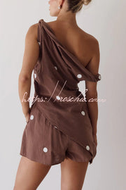 Printed Off-Shoulder Top & Elastic Waist Shorts Set