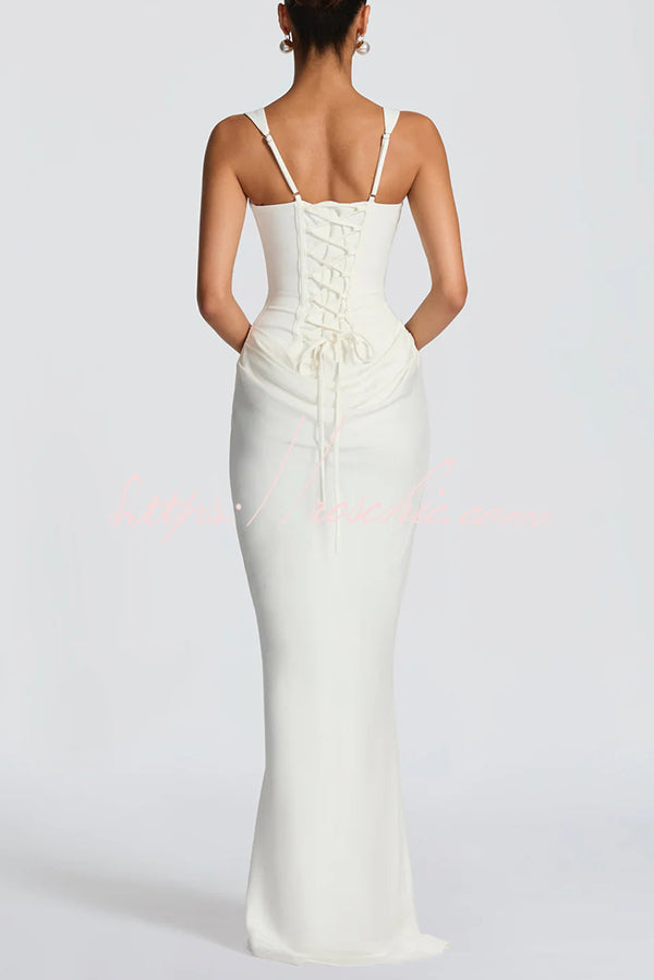 Square Neck Satin Drape Maxi Dress with Lace-Up Back
