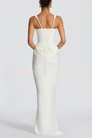 Square Neck Satin Drape Maxi Dress with Lace-Up Back