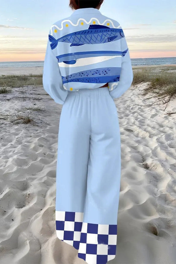 Sardine Print Oversized Shirt & Elastic Waist Pants Set