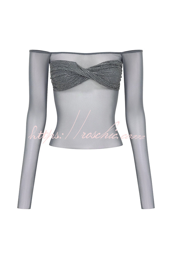 Sequin Mesh Bardot Off-Shoulder Long Sleeve Top
