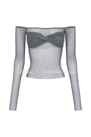 Sequin Mesh Bardot Off-Shoulder Long Sleeve Top