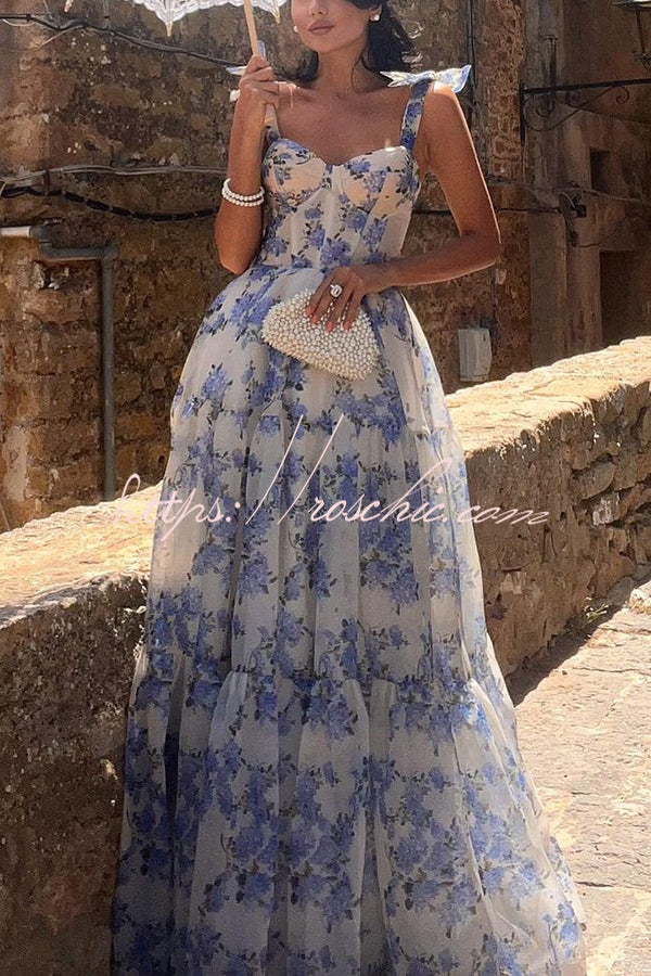Organza Floral Print Sweetheart Maxi Dress – Sleeveless