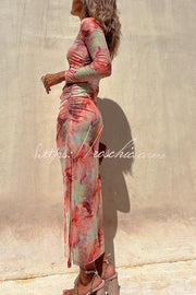 Mesh Overlay Tie Dye Long Sleeve Ruched Midi Dress
