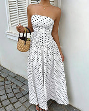 Vintage Polka Dot Strapless Ruffle Maxi Dress