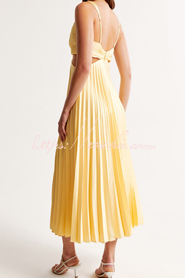 Satin Pleated Cutout Waist Sleeveless Midi Dress