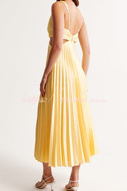 Satin Pleated Cutout Waist Sleeveless Midi Dress