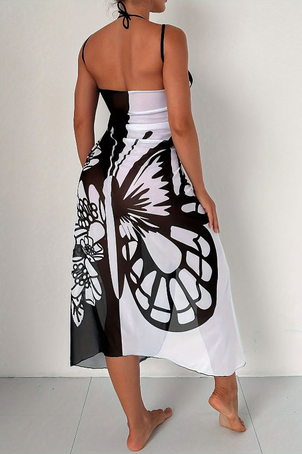 Butterfly Print Color-Block Midi Dress – Resort Cover-Up