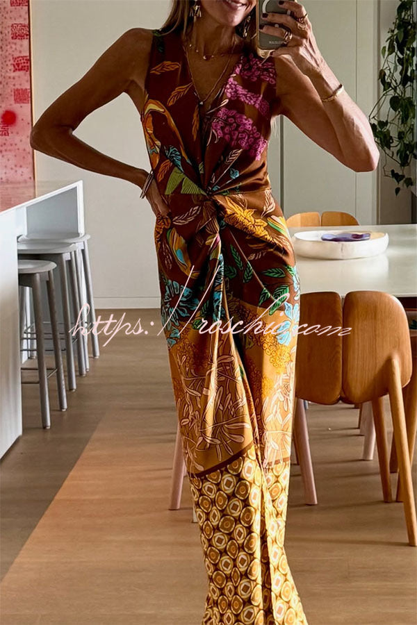 Satin Floral Print Twist Waist Maxi Dress with Front Slit