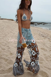 Embroidered Floral Crochet Denim Jeans with Tassel Hem