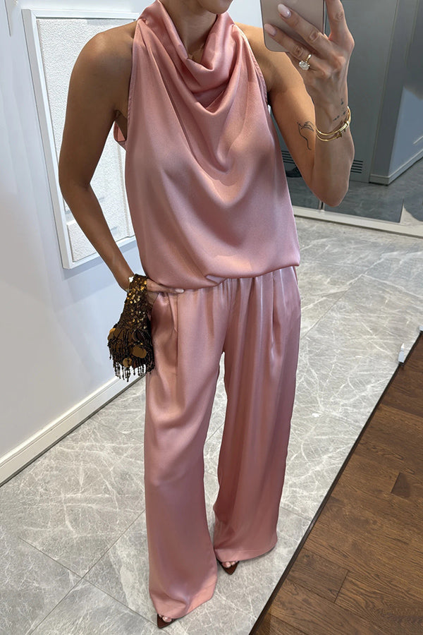 Satin Cowl Neck Top & Loose Pants Set | Sleeveless Two-Piece