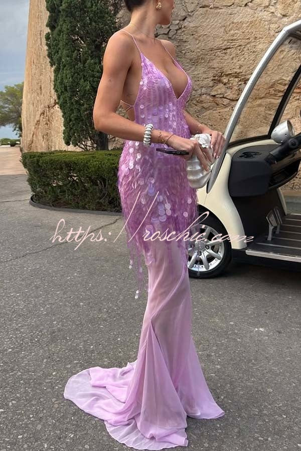 Sequin Embroidered Backless Slip Maxi Dress with Tulle Hem