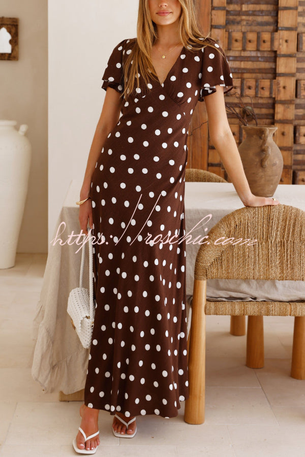 Robe longue à pois – Robe de vacances à manches courtes et col en V