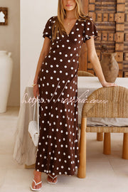Robe longue à pois – Robe de vacances à manches courtes et col en V