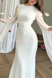 Ruched Organza Satin Patchwork Maxi Dress with Bell Sleeves