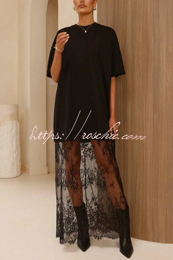 Lace Hem Maxi Dress – Loose Fit Short Sleeve Vacation Dress