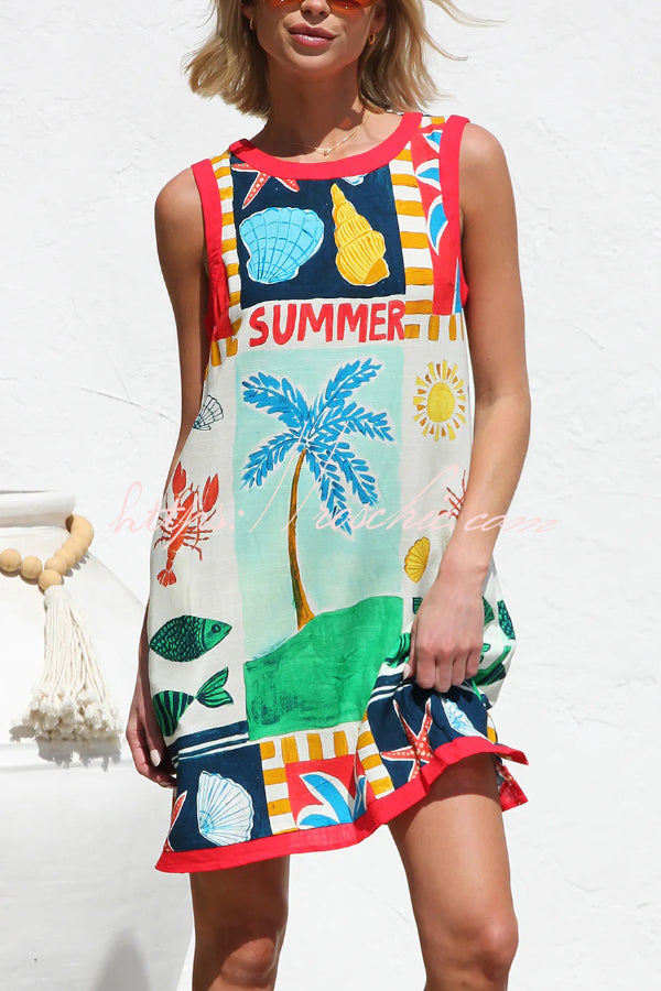 Printed Sleeveless Mini Dress with Pockets – Loose Fit